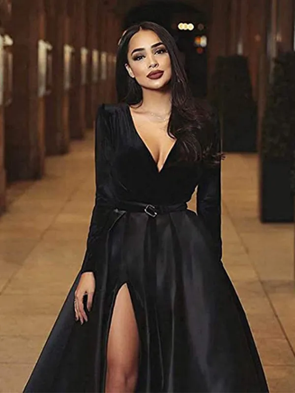 A-line Modest Black Long Sleeves V-Neck Prom Dresses PD23470