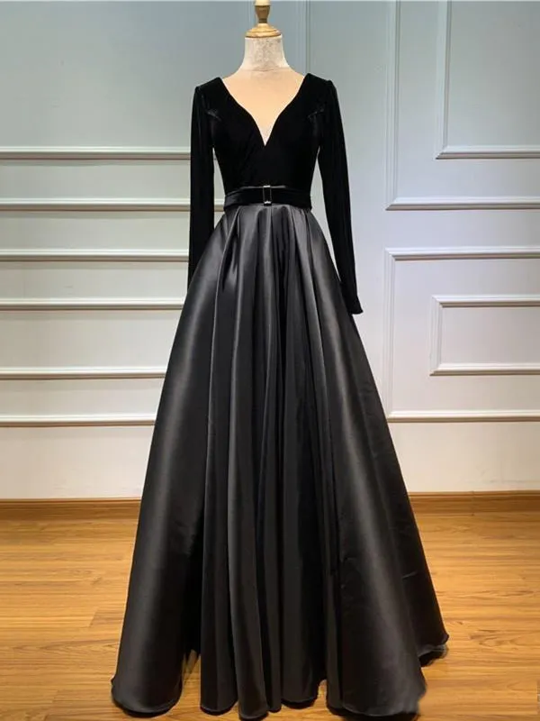 A-line Modest Black Long Sleeves V-Neck Prom Dresses PD23470