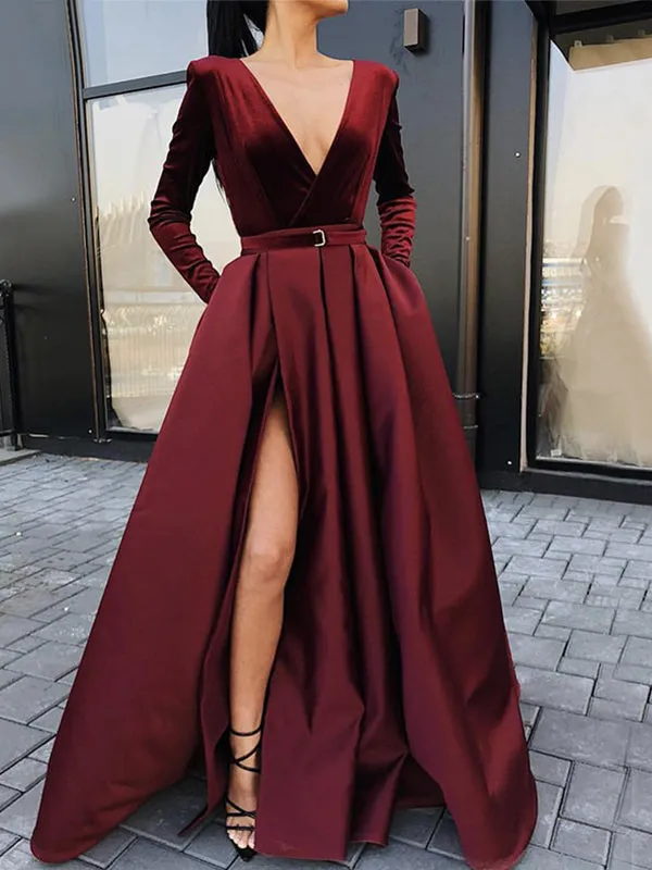 A-line Modest Black Long Sleeves V-Neck Prom Dresses PD23470