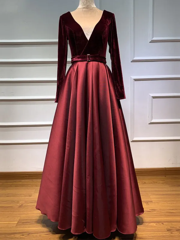 A-line Modest Black Long Sleeves V-Neck Prom Dresses PD23470