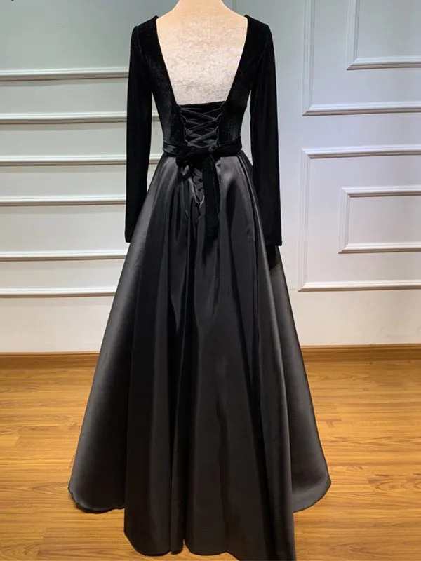 A-line Modest Black Long Sleeves V-Neck Prom Dresses PD23470