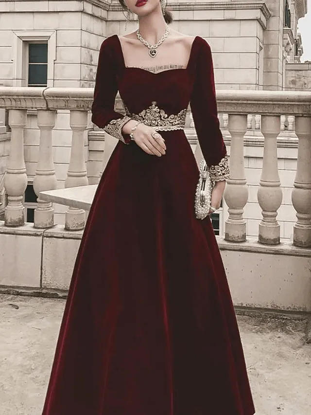 A-Line Vintage Formal Velvet Evening Dress with Appliques,Long Sleeve Dinner Dresses