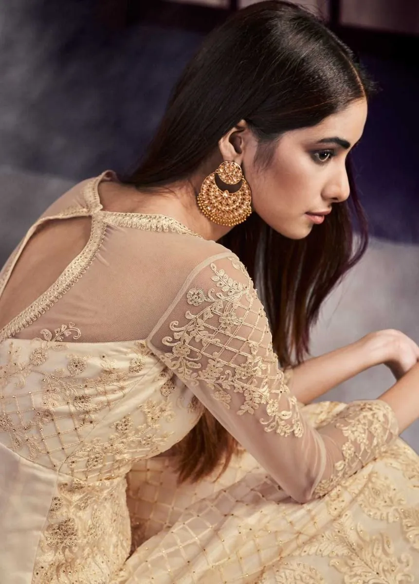 Beige Golden Embroidered Anarkali Gown Suit
