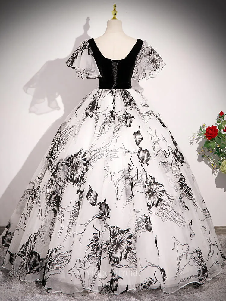 Black and White Floral Prom Dresses with Puffed Sleeve, Belt, Velvet Bodice, Quinceanera Dresses BG050