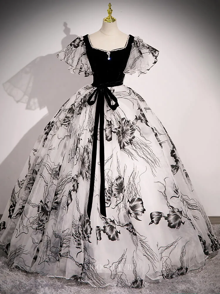 Black and White Floral Prom Dresses with Puffed Sleeve, Belt, Velvet Bodice, Quinceanera Dresses BG050