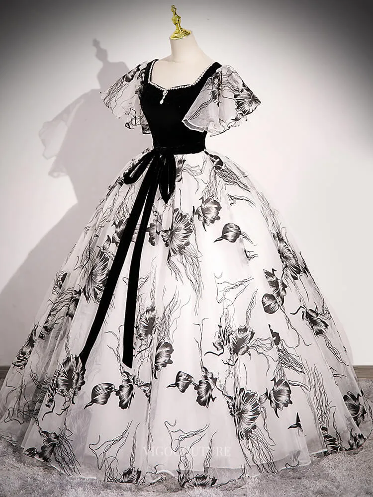 Black and White Floral Prom Dresses with Puffed Sleeve, Belt, Velvet Bodice, Quinceanera Dresses BG050