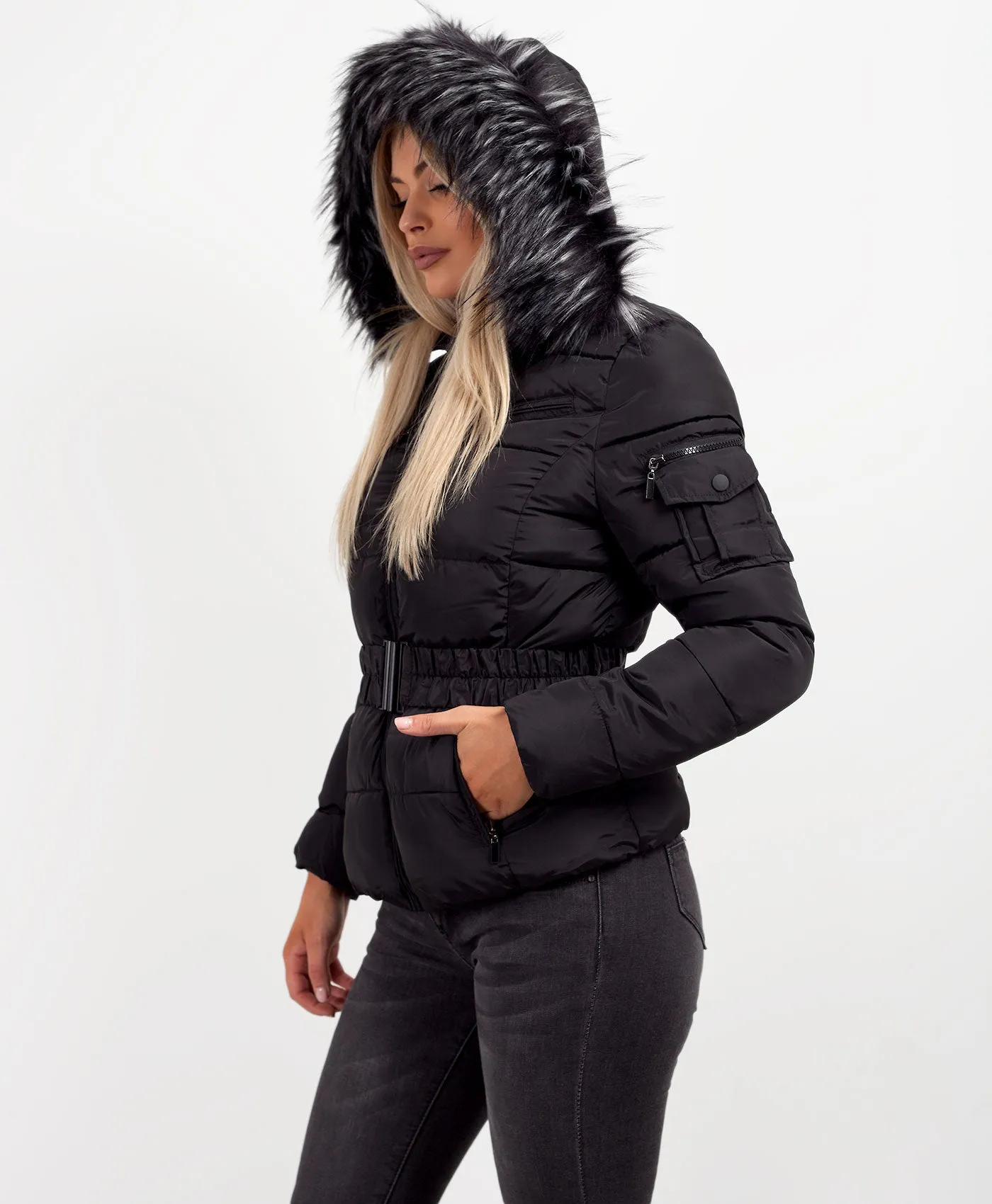 Black Chunky Faux Fur Hood Belted Puffer Jacket