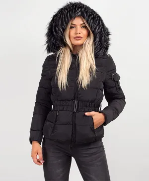 Black Chunky Faux Fur Hood Belted Puffer Jacket