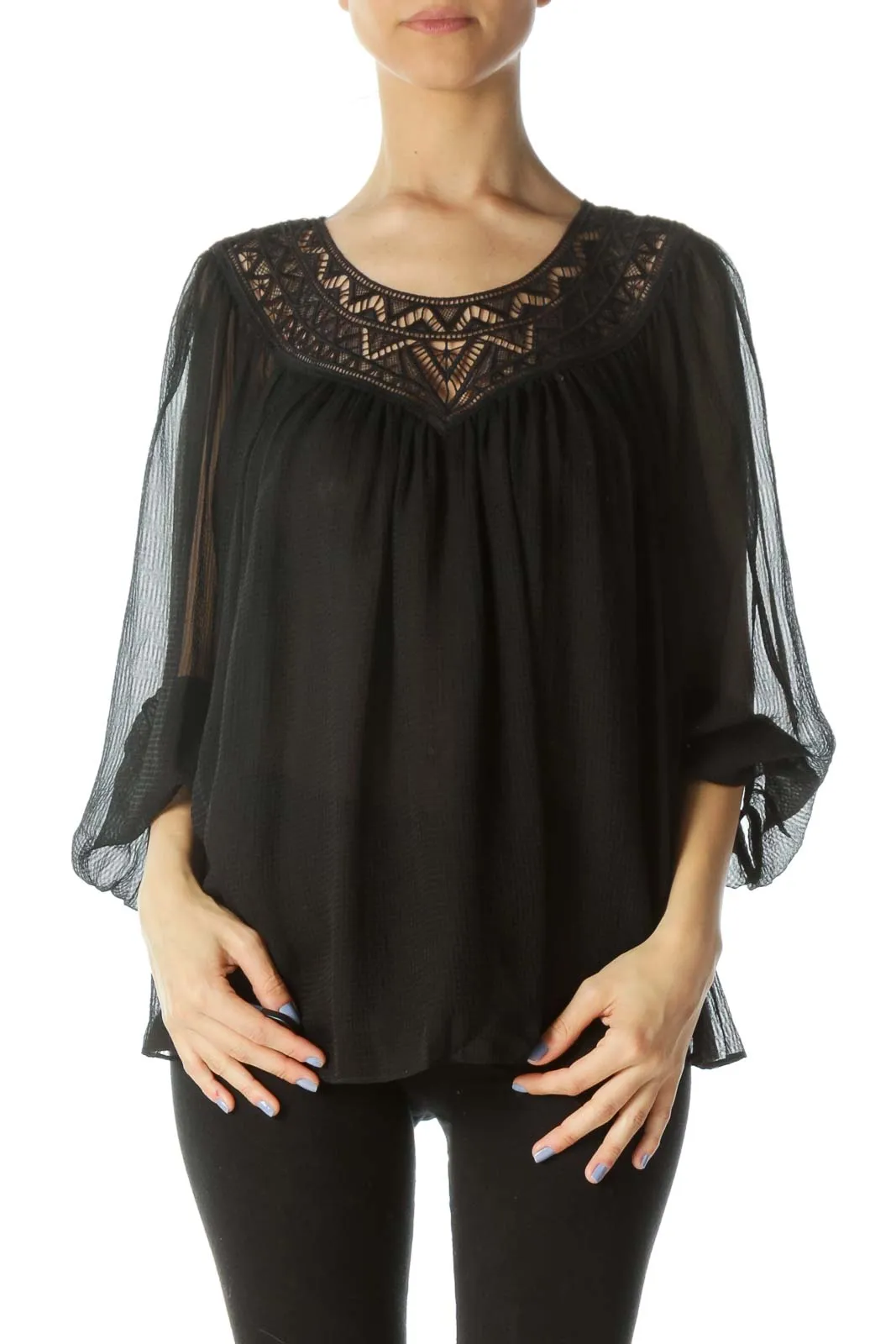 Black Lace-Detail Over-Sized Textured Long-Sleeve Blouse