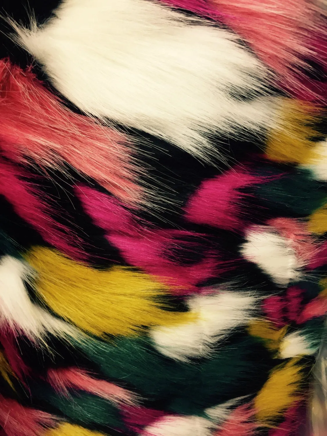 Black multi color jacquard faux fun fur-shaggyfun fur-super soft faux fun fur-sold by the yard.