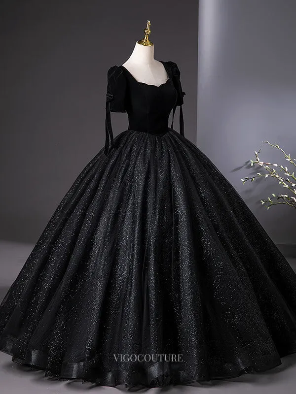 Black Sparkly Tulle Prom Dresses with Puffed Sleeve, Velvet Bodice, Quinceanera Dresses BG043