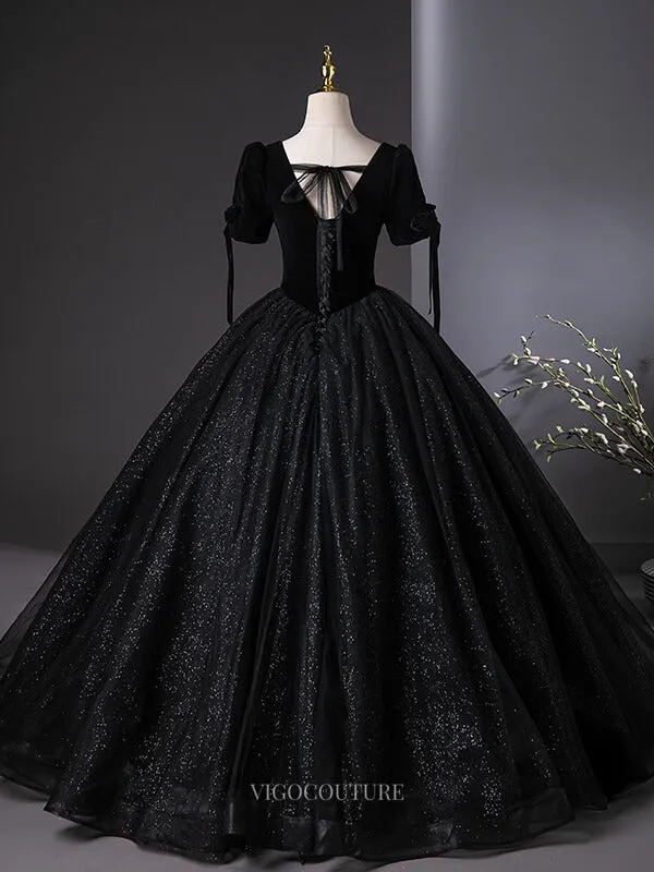 Black Sparkly Tulle Prom Dresses with Puffed Sleeve, Velvet Bodice, Quinceanera Dresses BG043