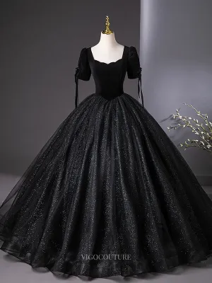 Black Sparkly Tulle Prom Dresses with Puffed Sleeve, Velvet Bodice, Quinceanera Dresses BG043