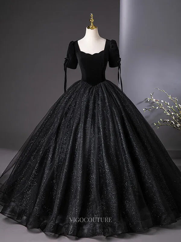 Black Sparkly Tulle Prom Dresses with Puffed Sleeve, Velvet Bodice, Quinceanera Dresses BG043