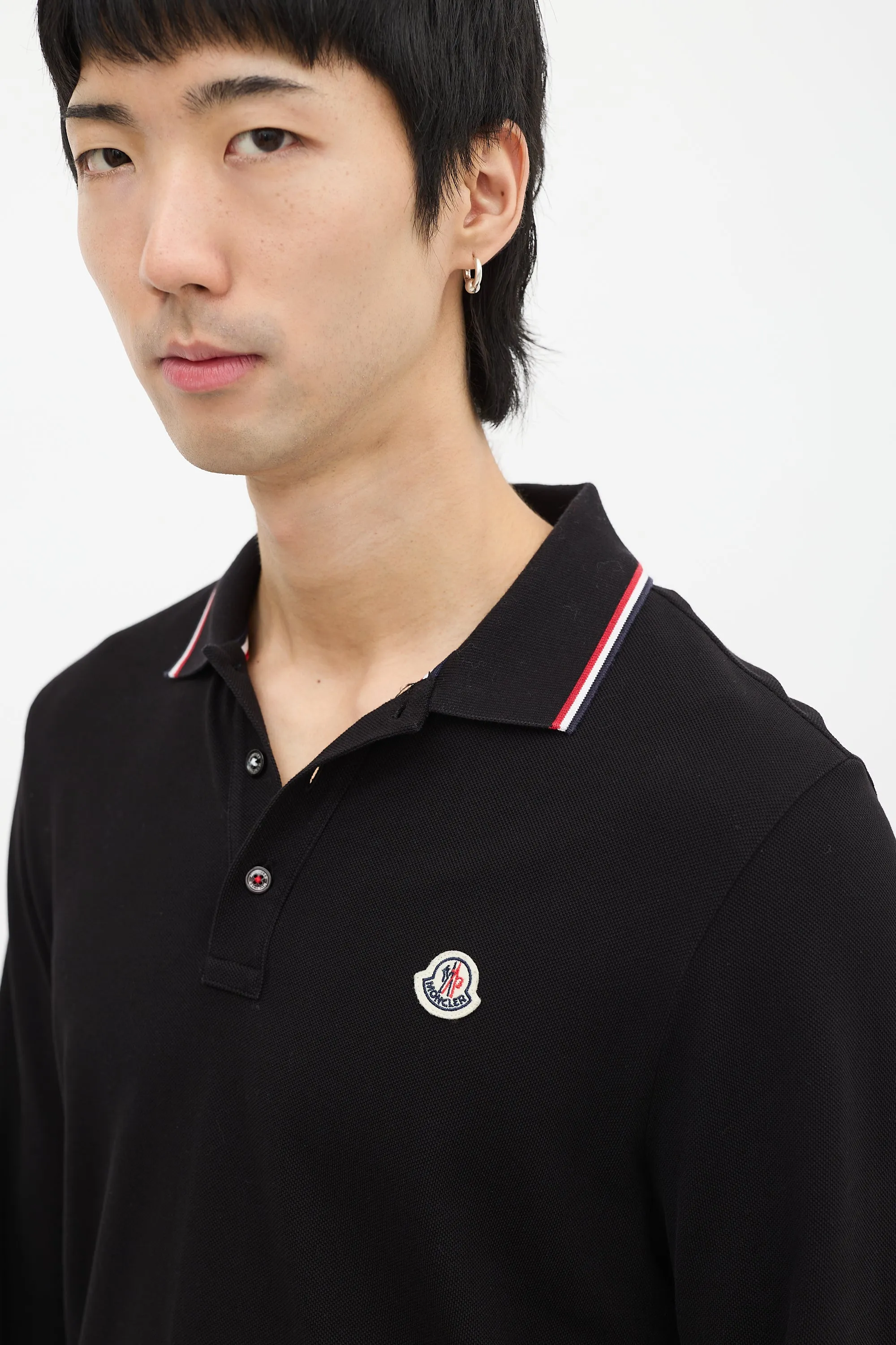 Black Stripe Trim Long Sleeve Polo