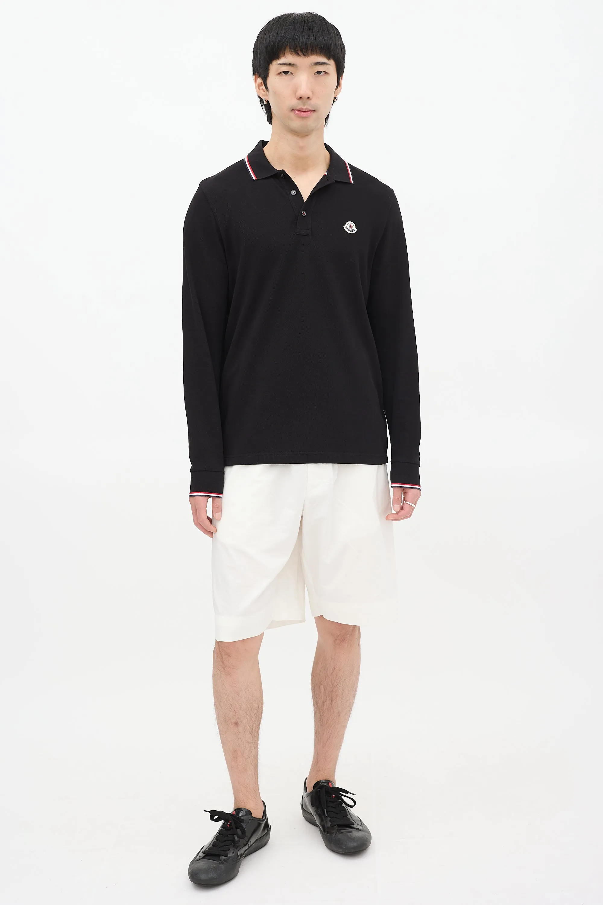 Black Stripe Trim Long Sleeve Polo