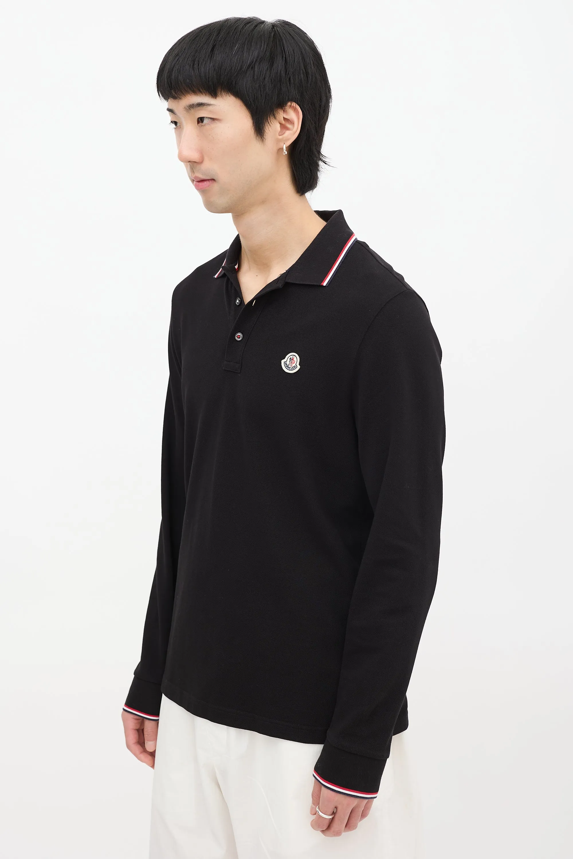 Black Stripe Trim Long Sleeve Polo