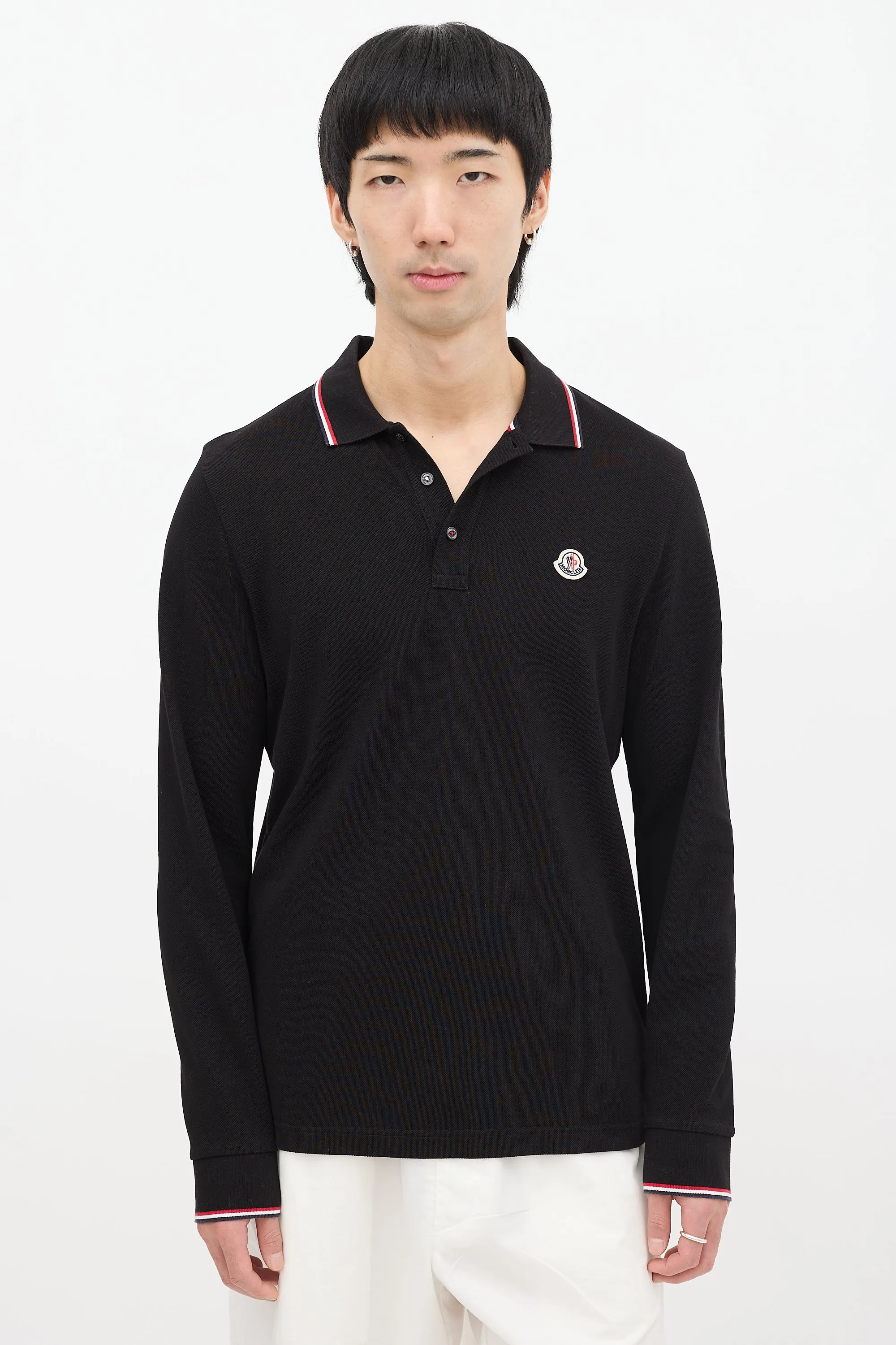 Black Stripe Trim Long Sleeve Polo