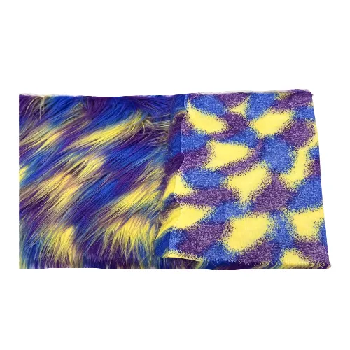 Blue Yellow Purple Three Tone Shaggy Faux Fur Fabric