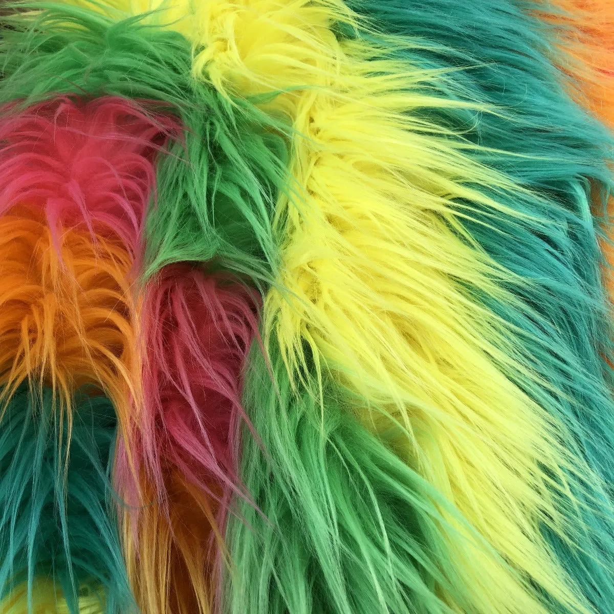 Bright Rainbow Multicolor Curly Long Pile Faux Fur Fabric