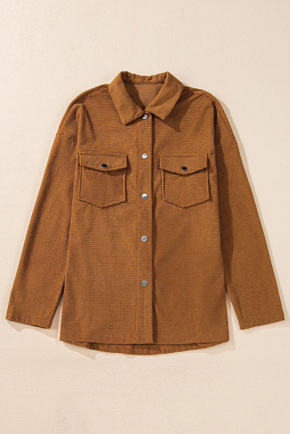 Brown Textured Flap Pocket Drop Shoulder Shacket