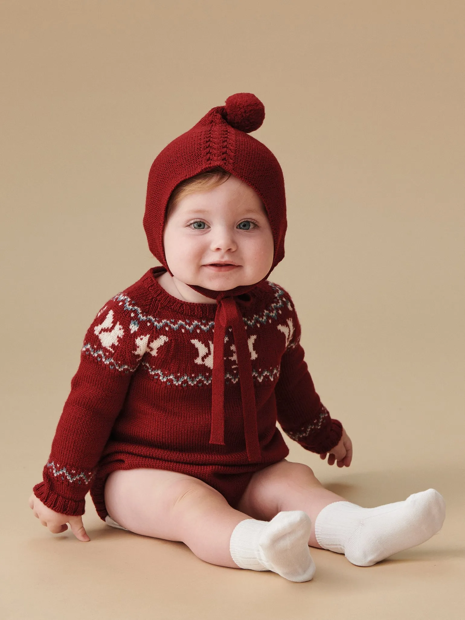 Burgundy Merino Fair Isle Baby Knitted Romper