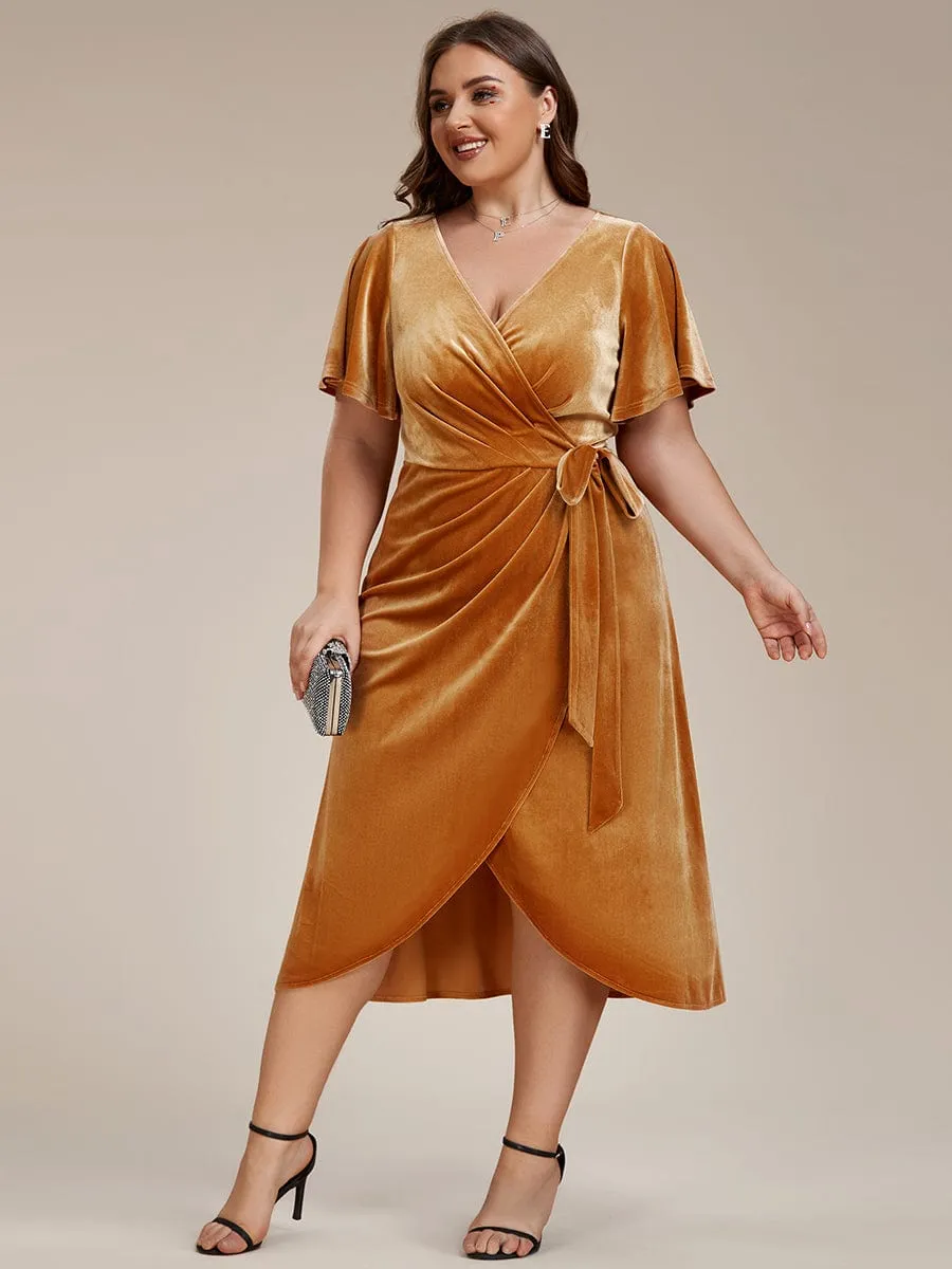 Captivating Ruffled V-Neck Velvet Wedding Guest Dress