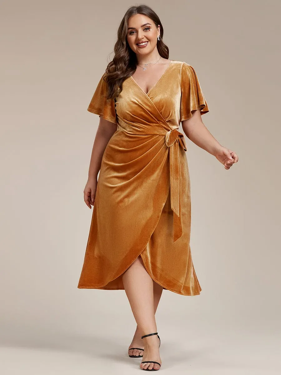 Captivating Ruffled V-Neck Velvet Wedding Guest Dress