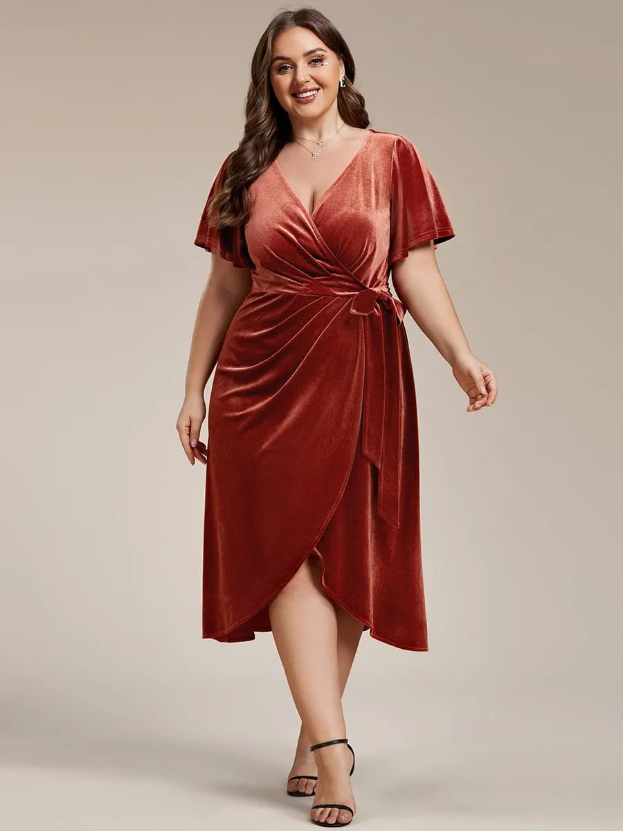 Captivating Ruffled V-Neck Velvet Wedding Guest Dress