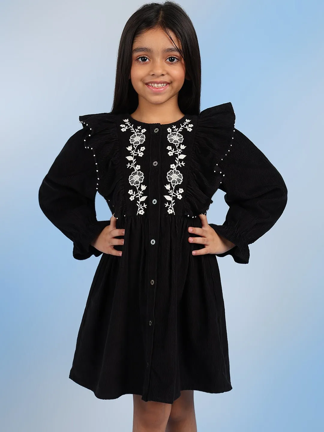 Cifra Girls Cotton A-Line Embroidered Dress - Black