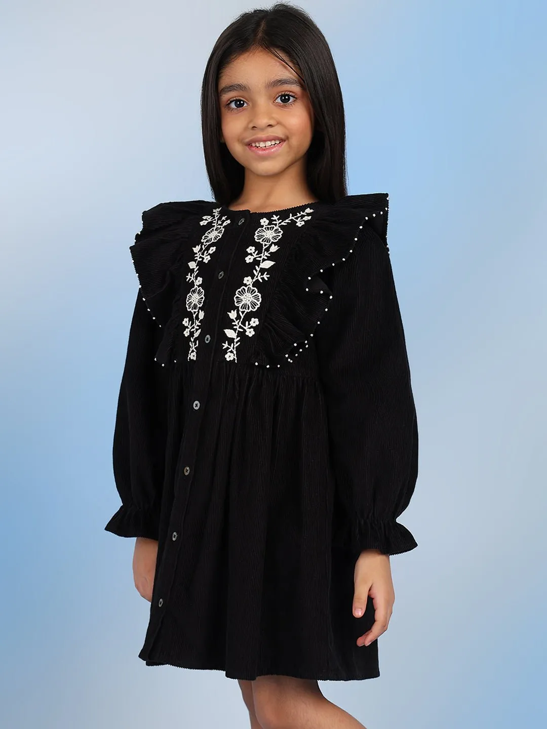 Cifra Girls Cotton A-Line Embroidered Dress - Black