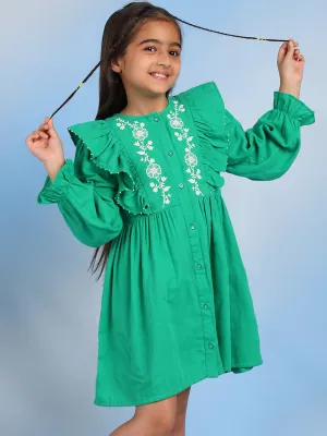 Cifra Girls Cotton A-Line Embroidered Dress - Green