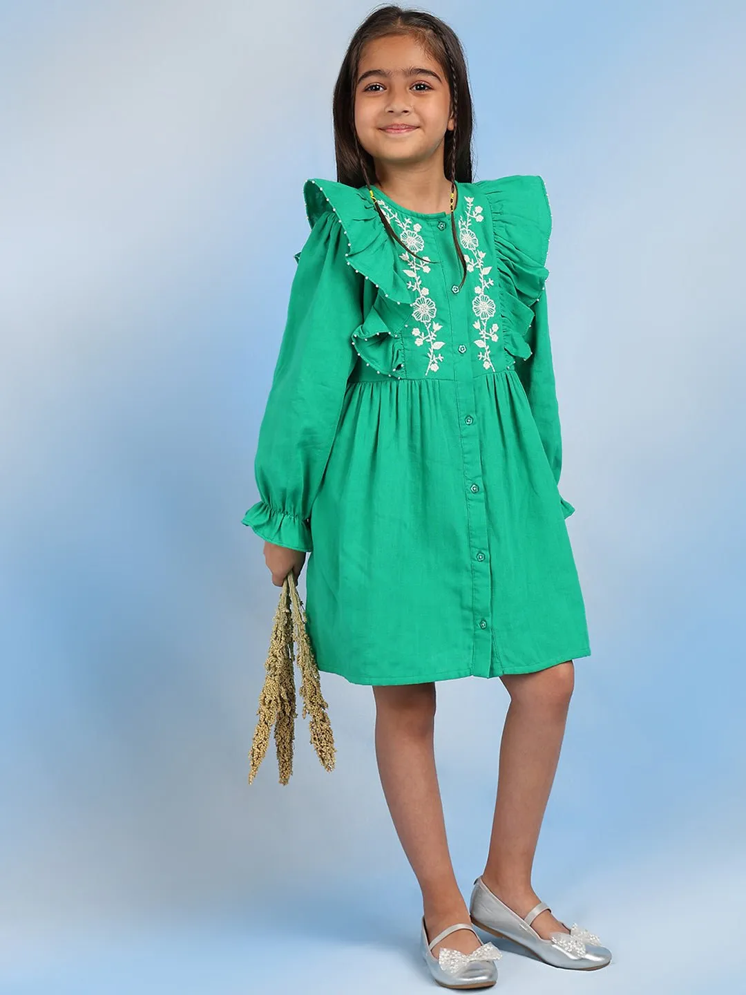 Cifra Girls Cotton A-Line Embroidered Dress - Green