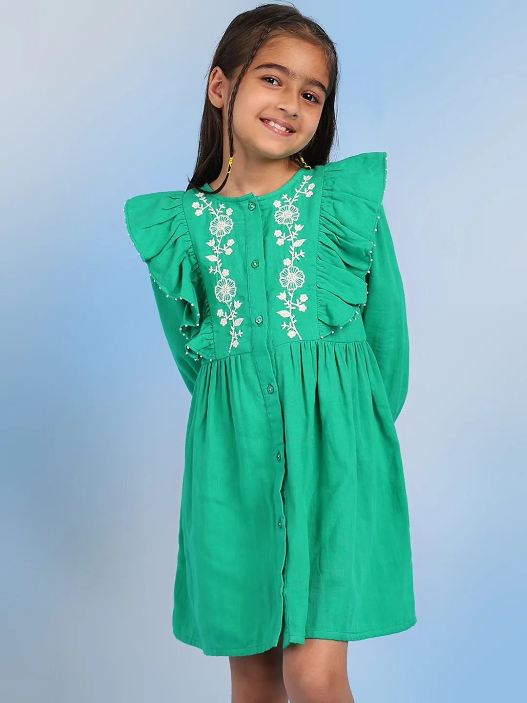 Cifra Girls Cotton A-Line Embroidered Dress - Green