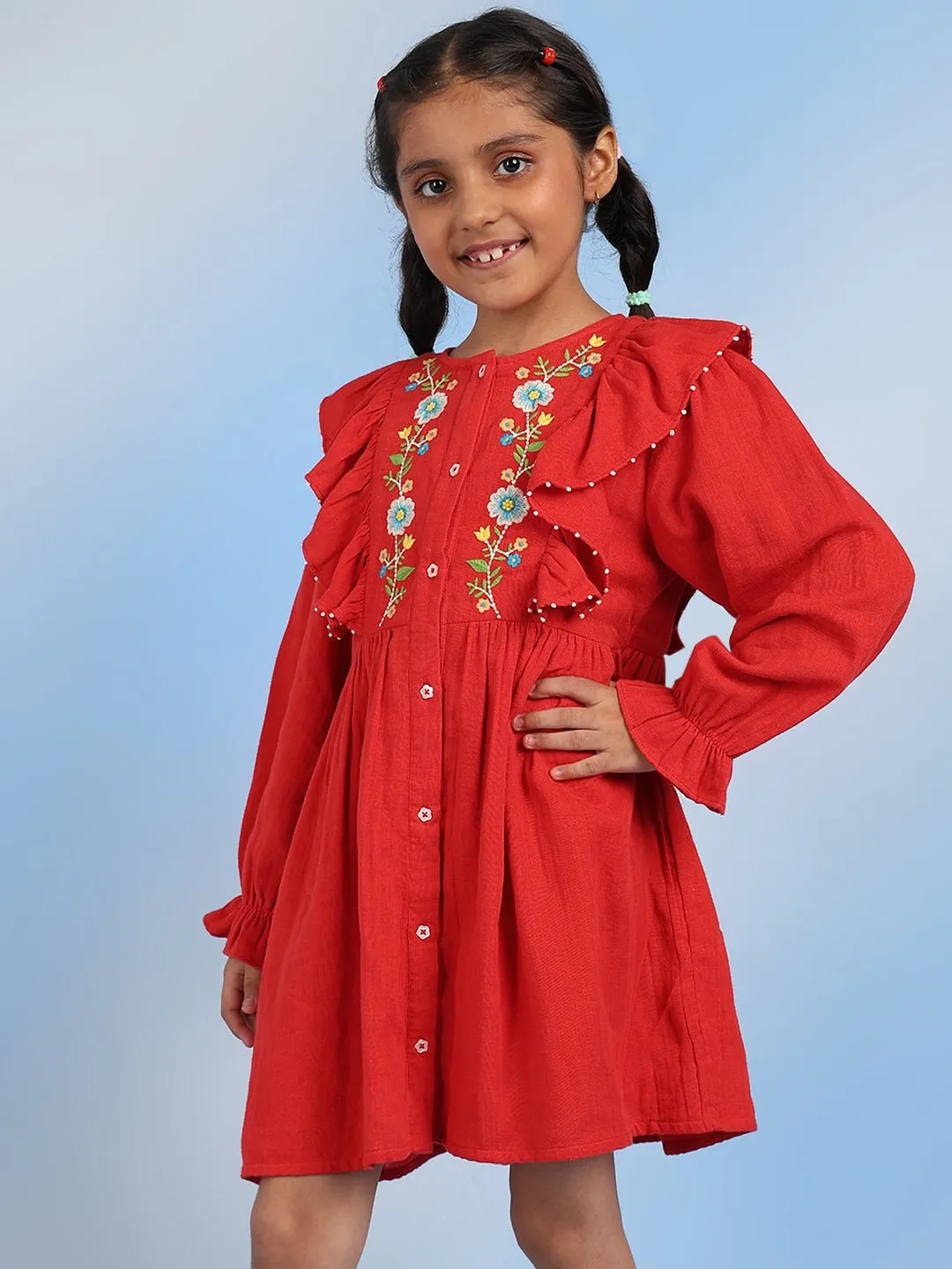 Cifra Girls Cotton A-Line Embroidered Dress - Red