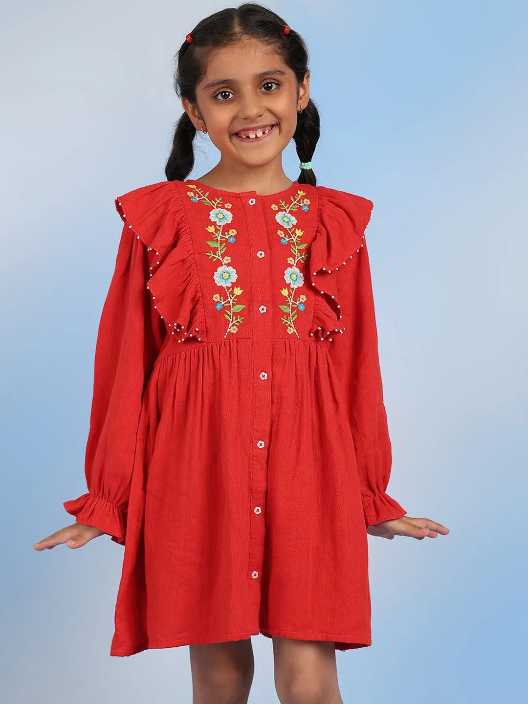 Cifra Girls Cotton A-Line Embroidered Dress - Red