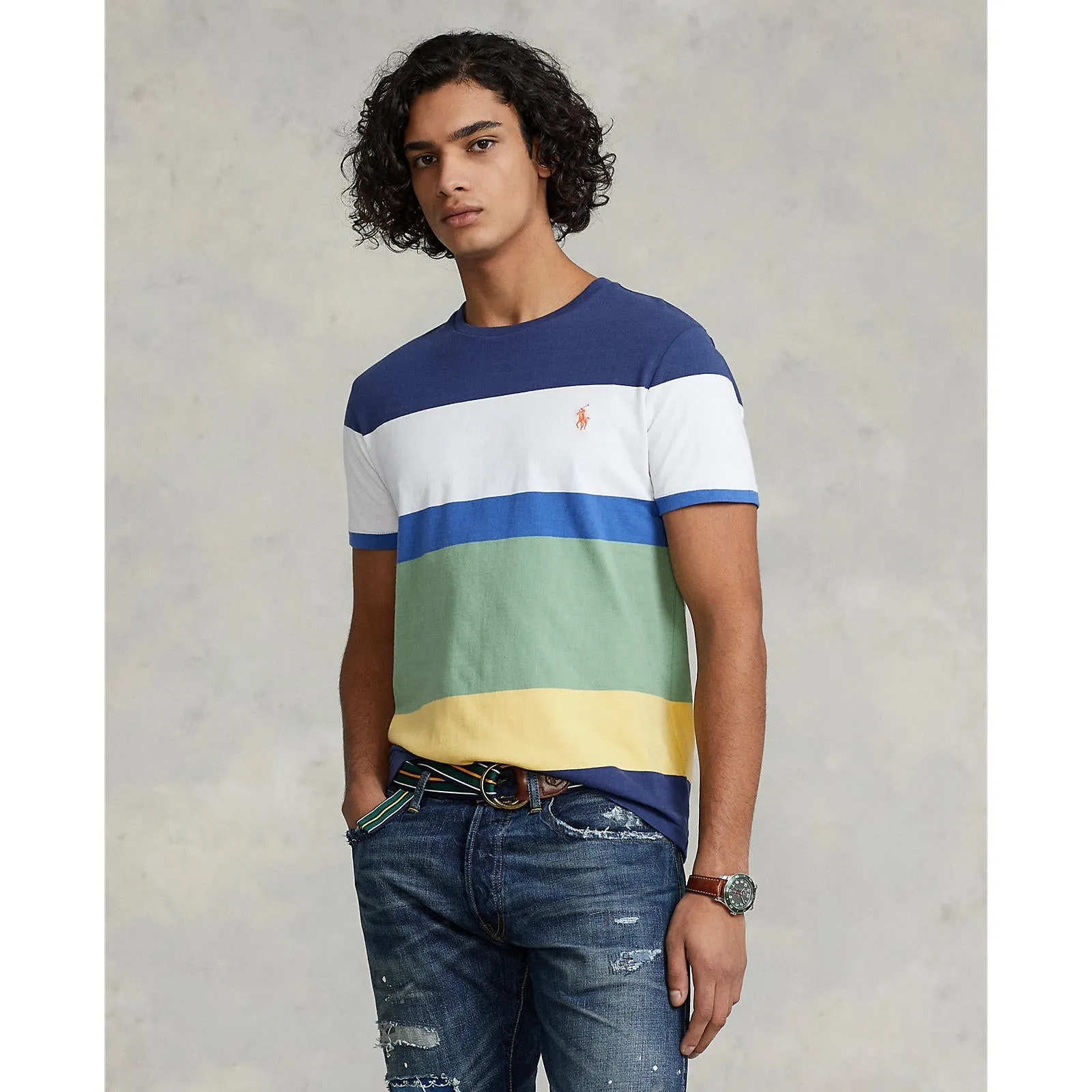 Custom Fit Striped Jersey T-Shirt - Navy, White, Green & Yellow