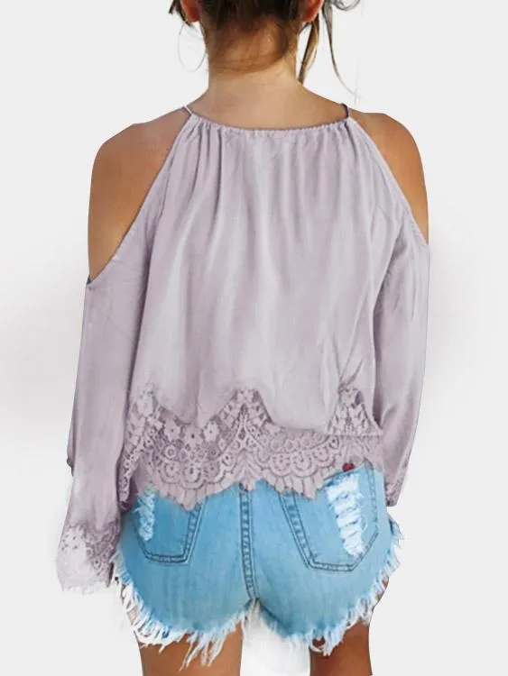 Custom Round Neck Lace Long Sleeve Light Purple Blouses