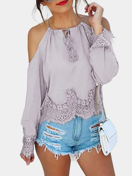 Custom Round Neck Lace Long Sleeve Light Purple Blouses