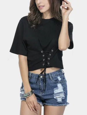 Custom Round Neck Lace-Up Short Sleeve Black Blouses