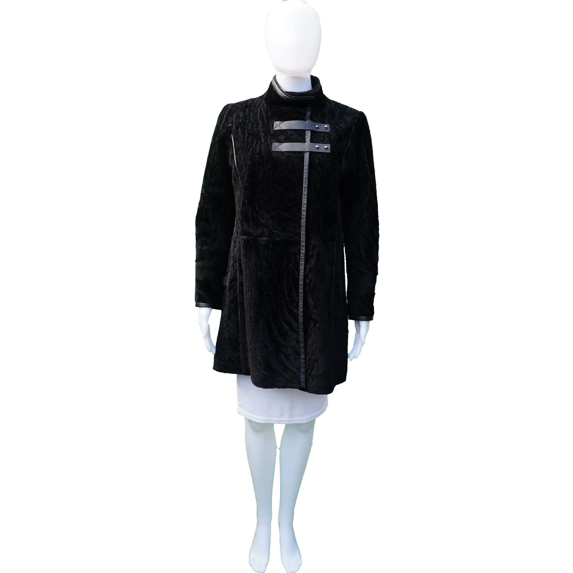 DESA BLACK SHEARLING LEATHER TRIM COAT