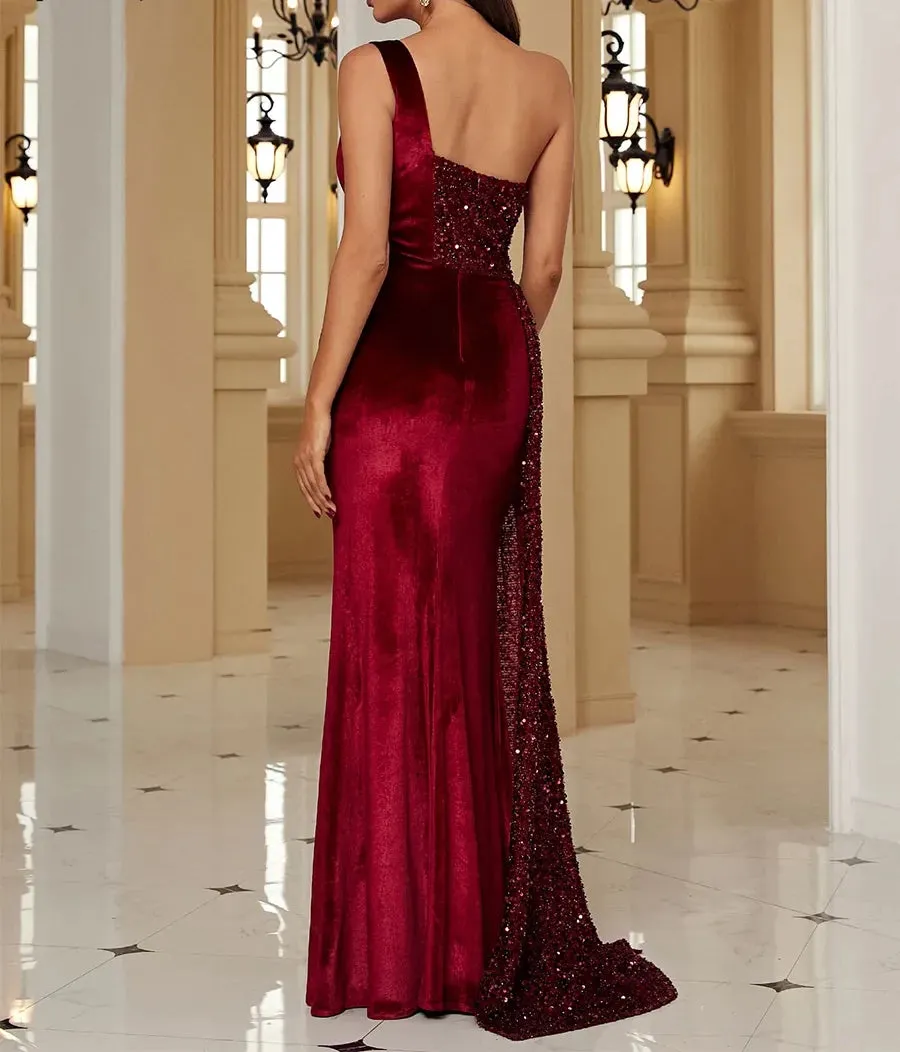 Elegant Long Cocktail Sequins Dress with One Shoulder Draped split Satin Evening Gown