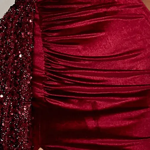 Elegant Long Cocktail Sequins Dress with One Shoulder Draped split Satin Evening Gown