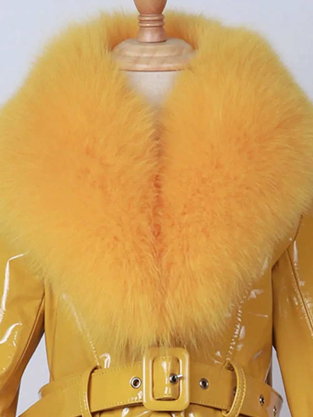 Faux Fur Genuine Patent Leather Coat in Yellow