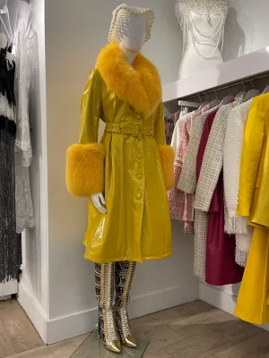 Faux Fur Genuine Patent Leather Coat in Yellow