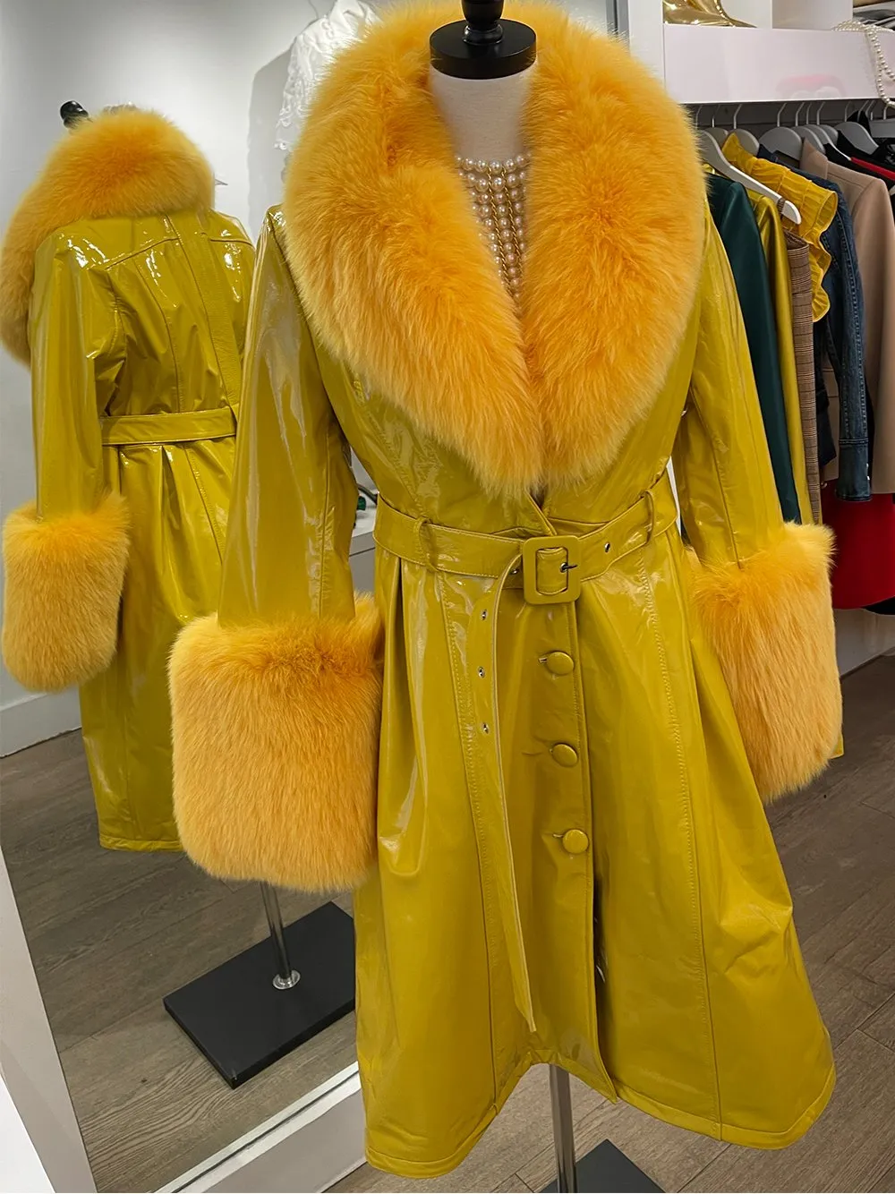 Faux Fur Genuine Patent Leather Coat in Yellow