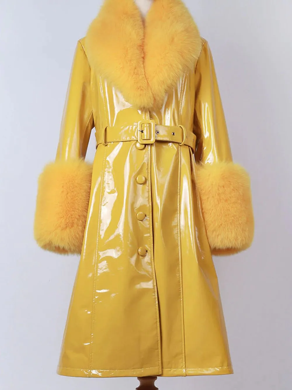 Faux Fur Genuine Patent Leather Coat in Yellow