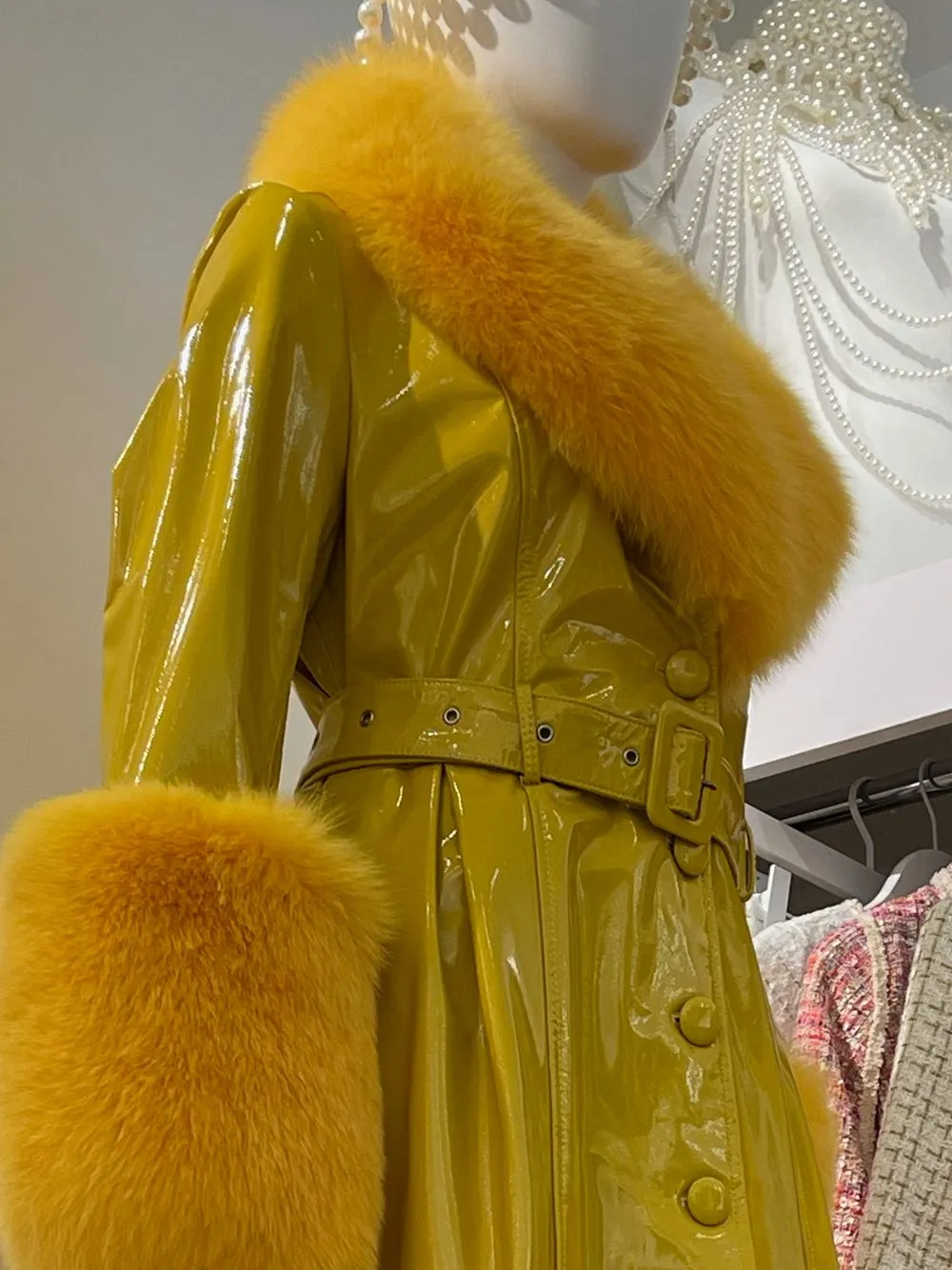 Faux Fur Genuine Patent Leather Coat in Yellow