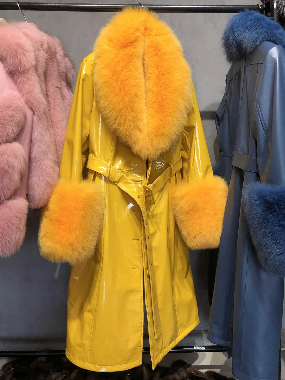 Faux Fur Genuine Patent Leather Coat in Yellow