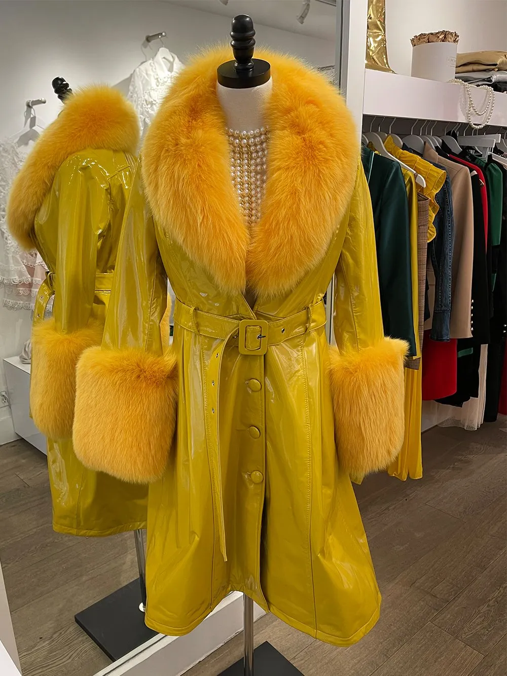 Faux Fur Genuine Patent Leather Coat in Yellow